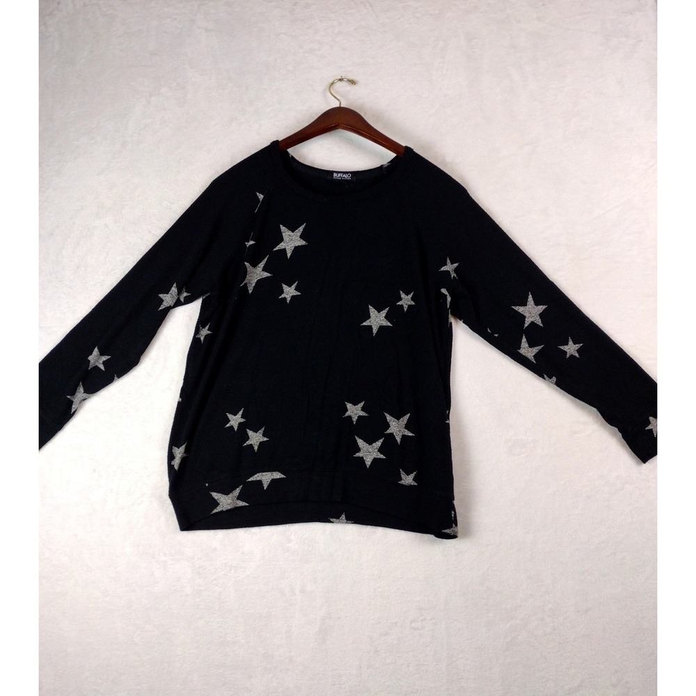 Buffalo David Bitton Black Silver Glitter Star Raglan Sweatshirt Large